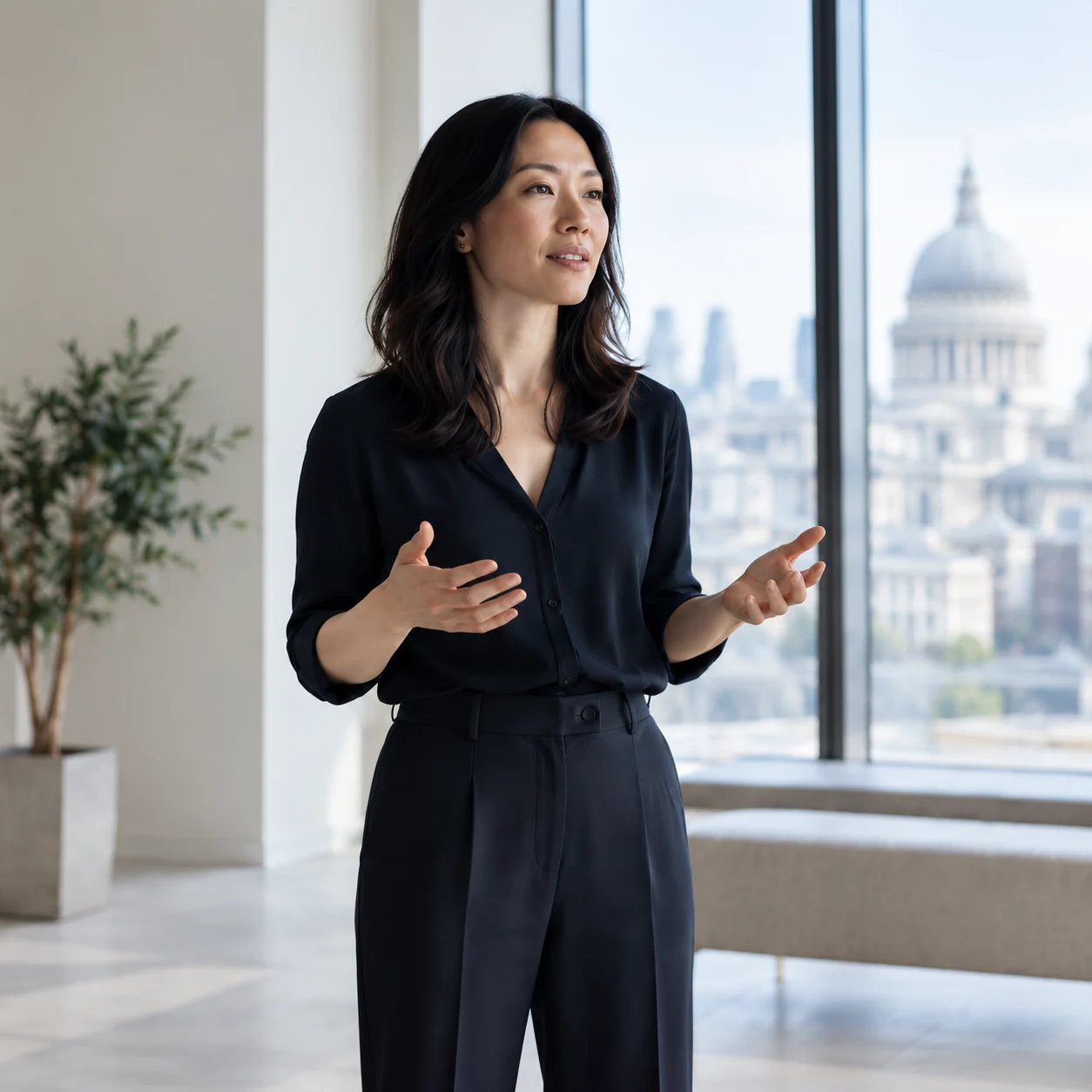 Illustrative scene of a professional practicing a presentation beside a city-facing office window.