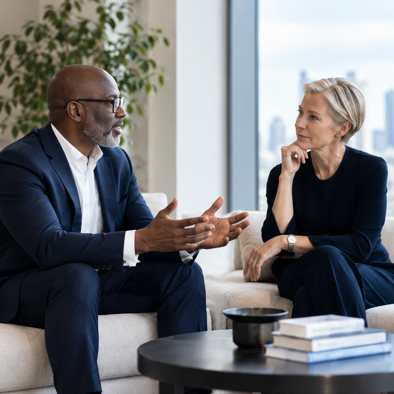 Illustrative scene of a focused one-to-one professional conversation in a contemporary office lounge.
