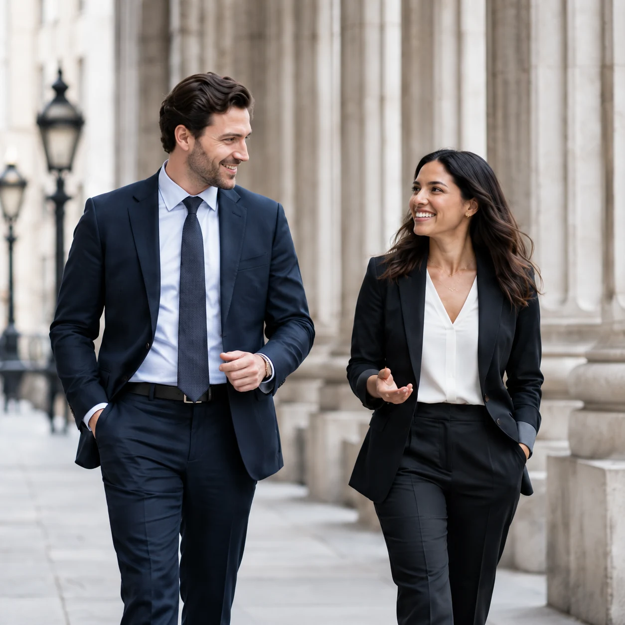 Illustrative scene of two professionals in conversation while walking outside a financial district office.